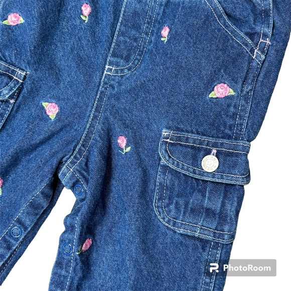 Vintage 90s Overalls Floral Embroidered Pink Roses Size 18 Months Denim - Picture 2 of 5